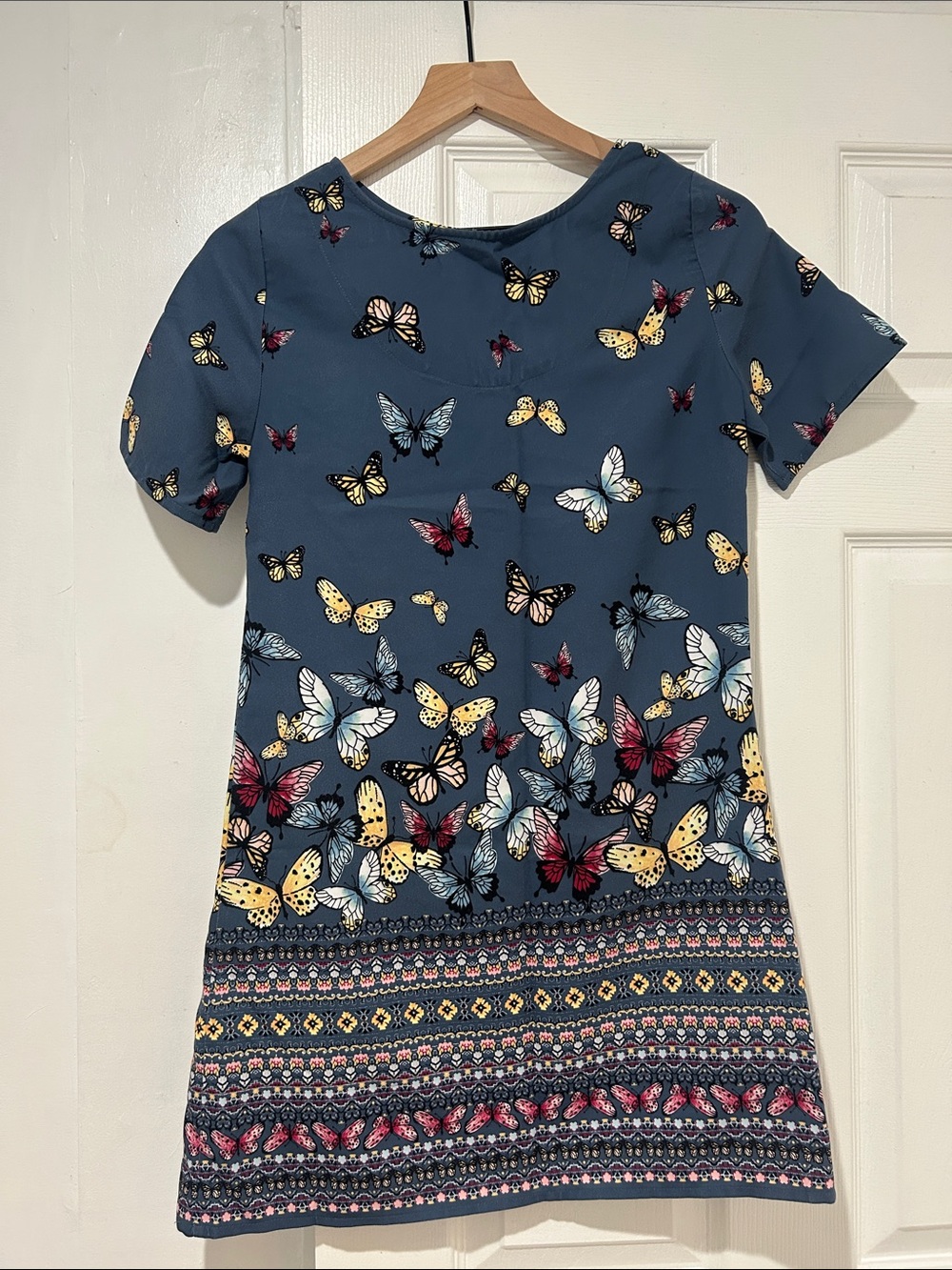 Butterfly Print Short Sleeve Shift Dress - Blue with Yellow & Pink Butterflies